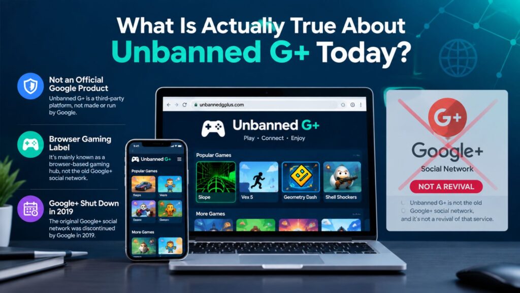 What is actually true about Unbanned G+ today, showing it as a browser-based gaming label rather than a revival of Google+, which shut down in 2019.