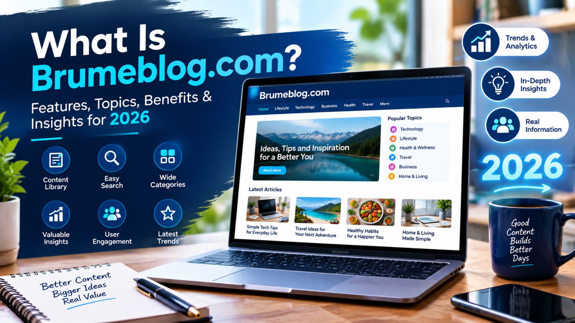 Brumeblog com website overview showing features, topics, benefits, and digital insights for 2026.