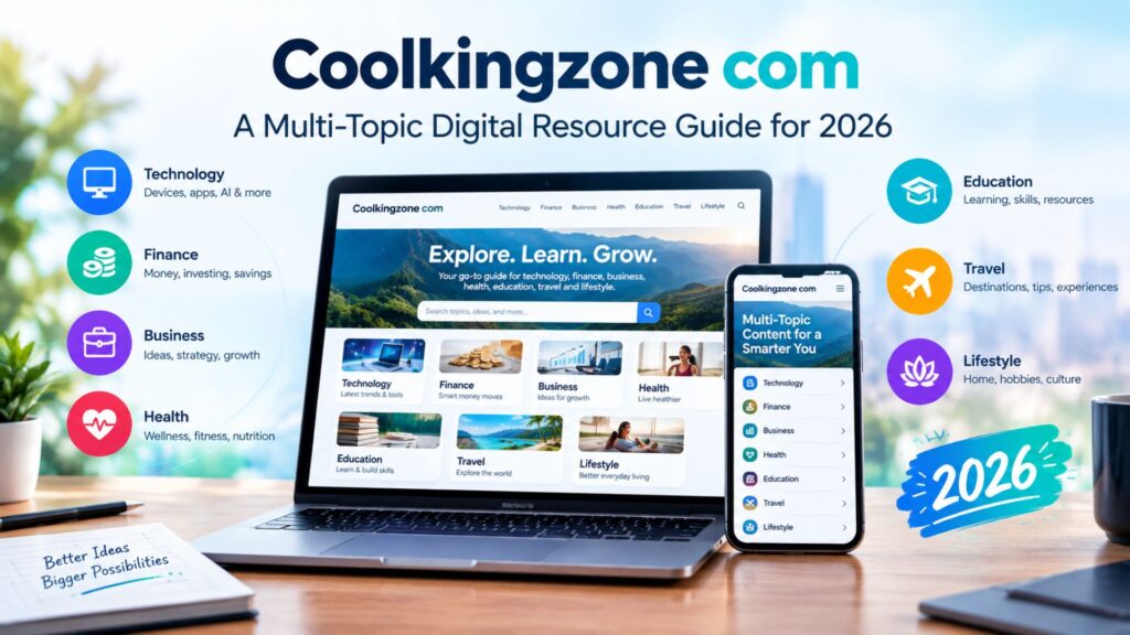 Coolkingzone com multi-topic digital resource guide for 2026, featuring a laptop and smartphone with content categories for technology, finance, business, health, education, travel, and lifestyle.