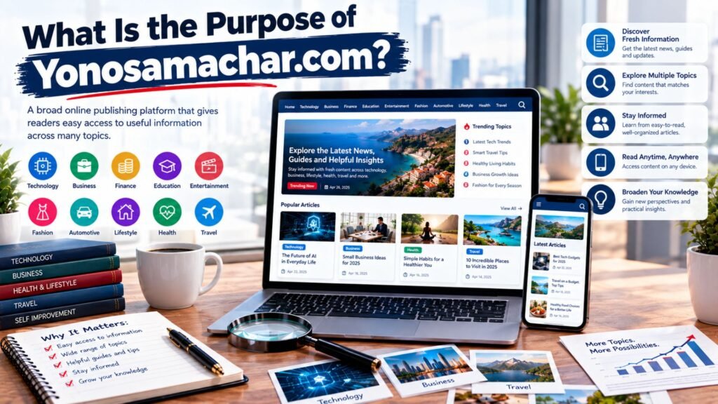 Yonosamachar.com purpose illustrated as a multi-topic digital information platform for discovering news, guides, and content across technology, business, finance, education, lifestyle, and travel.