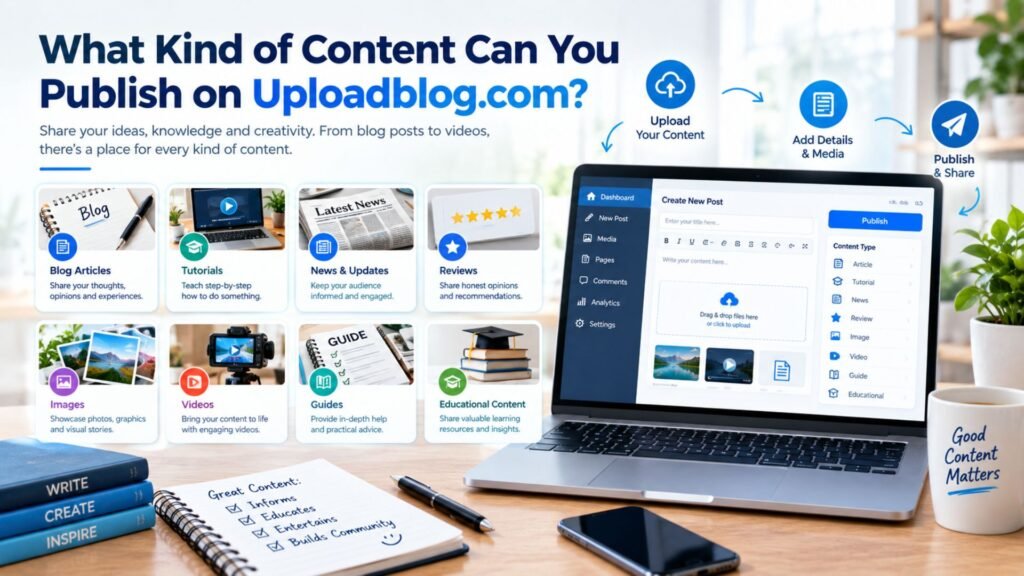 Generic publishing dashboard showing different content types including articles, tutorials, news, reviews, images, videos, guides, and educational posts.