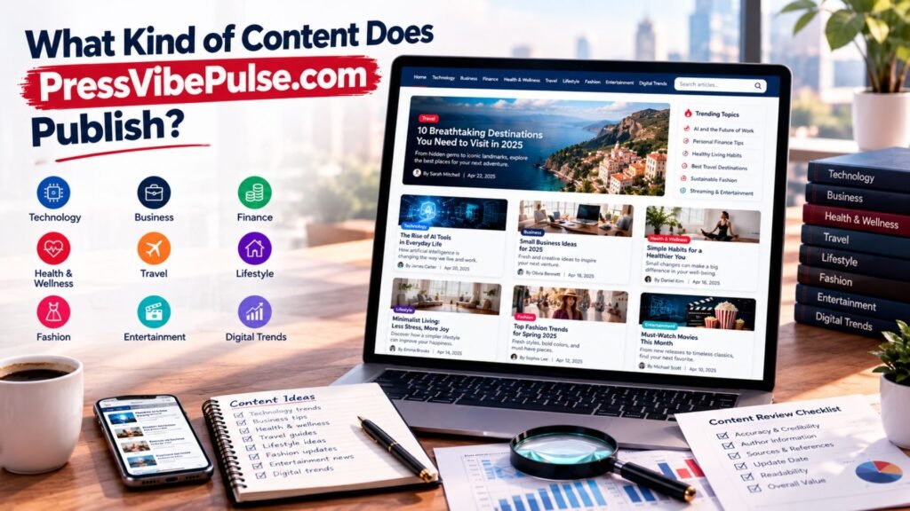 PressVibePulse com content categories including technology, business, finance, health, travel, lifestyle, fashion, entertainment, and digital trends.