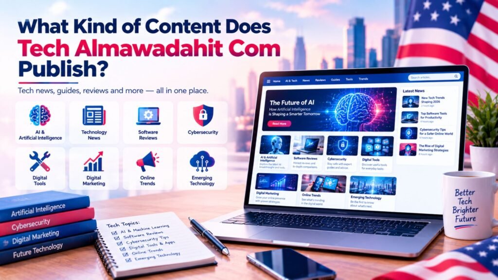 Generic Tech Almawadahit content page showing AI, technology news, software reviews, cybersecurity, digital tools, and emerging technology topics.