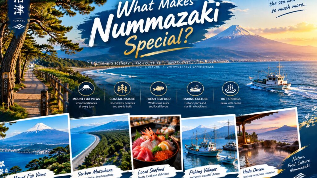Scenic Numazu and Suruga Bay coastline with Mount Fuji, pine trees, fishing boat, coastal trail, and local seafood