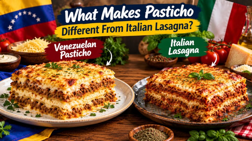 Venezuelan pasticho and Italian lasagna compared side by side, showing differences in layers, sauces, and preparation.