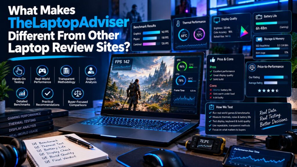 Gaming laptop review setup showing benchmarks, thermal tests, battery data, build-quality checks, and comparison metrics for TheLaptopAdviser