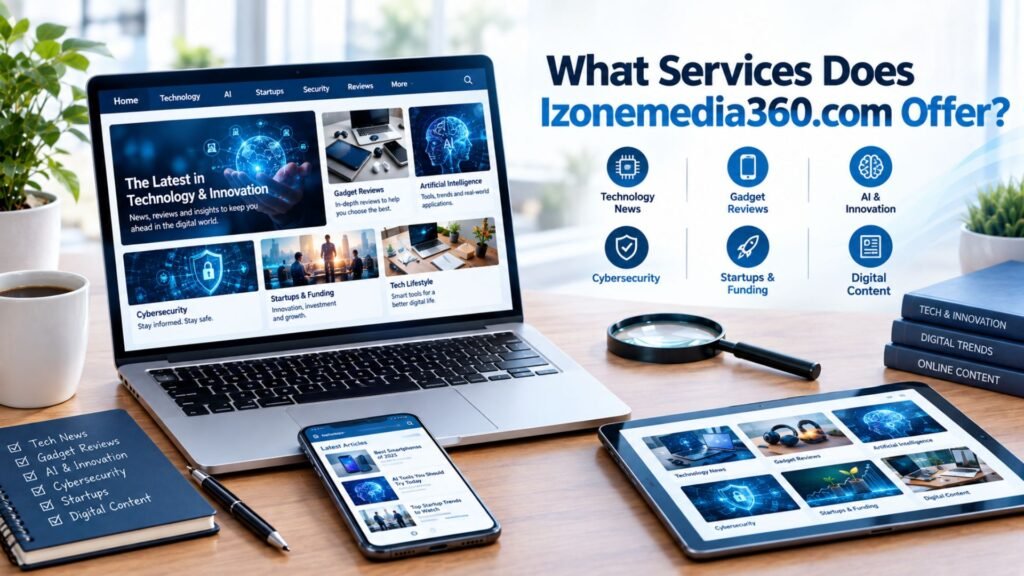 Izonemedia360.com services represented by technology news, gadget reviews, AI, cybersecurity, startups, and digital content.