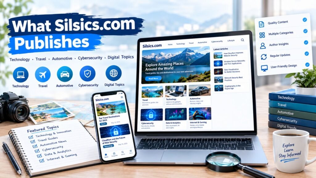 Silsics.com publishing technology, travel, automotive, cybersecurity, and digital topic articles on a modern laptop and smartphone.