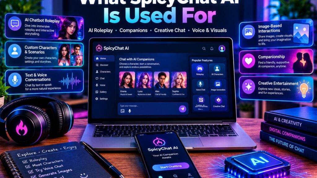 What SpicyChat AI is used for, illustrated with an AI chat platform featuring roleplay, custom characters, text and voice conversations, image-based interactions, AI companionship, and creative entertainment