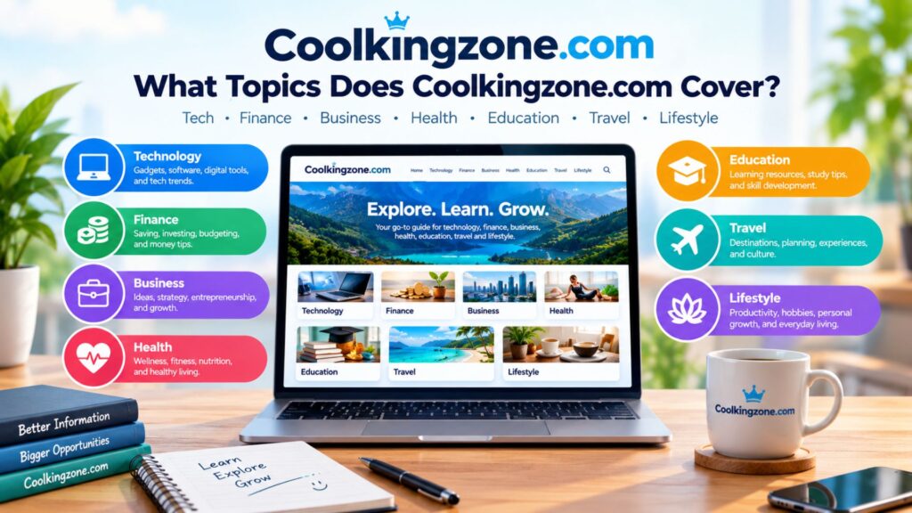 Topics covered by Coolkingzone.com, including technology, finance, business, health, education, travel, and lifestyle, displayed around a laptop showing the website.