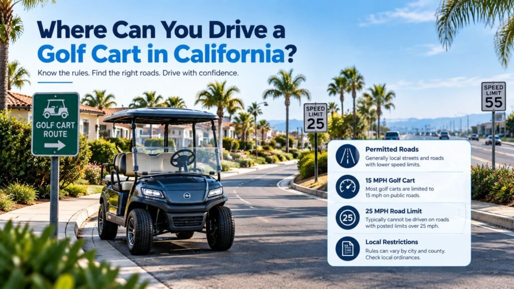 Modern golf cart driving on a California residential street with road signs illustrating permitted roads, speed limits, and local golf-cart restrictions.