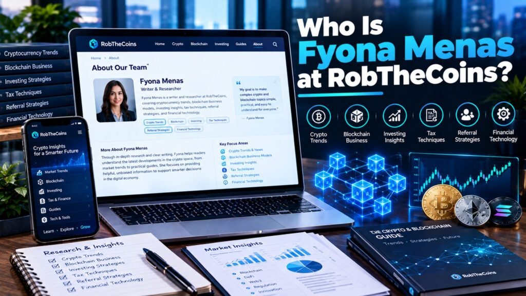 Fyona Menas profile and RobTheCoins website guide showing her described role as a writer and researcher alongside cryptocurrency, blockchain, investing, and financial research visuals.