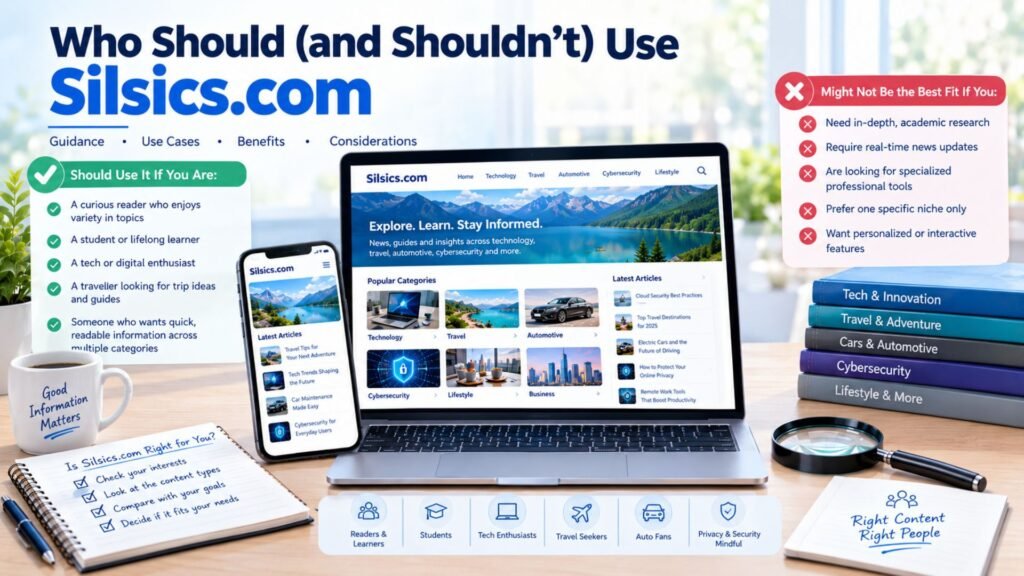 Who should and shouldn’t use Silsics com, with suitable audiences, content categories, use cases, and considerations shown on laptop and mobile screens.