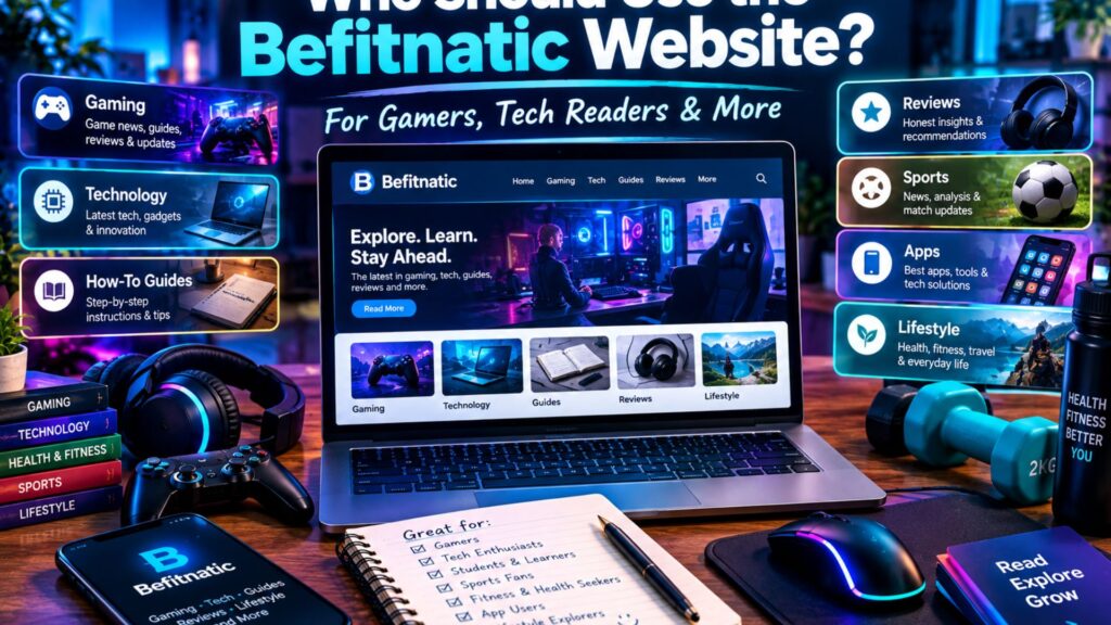 Who should use the Befitnatic website, illustrated with a laptop, gaming controller, smartphone, technology accessories, fitness items, and digital article cards representing gaming, reviews, guides, sports, apps, and lifestyle content