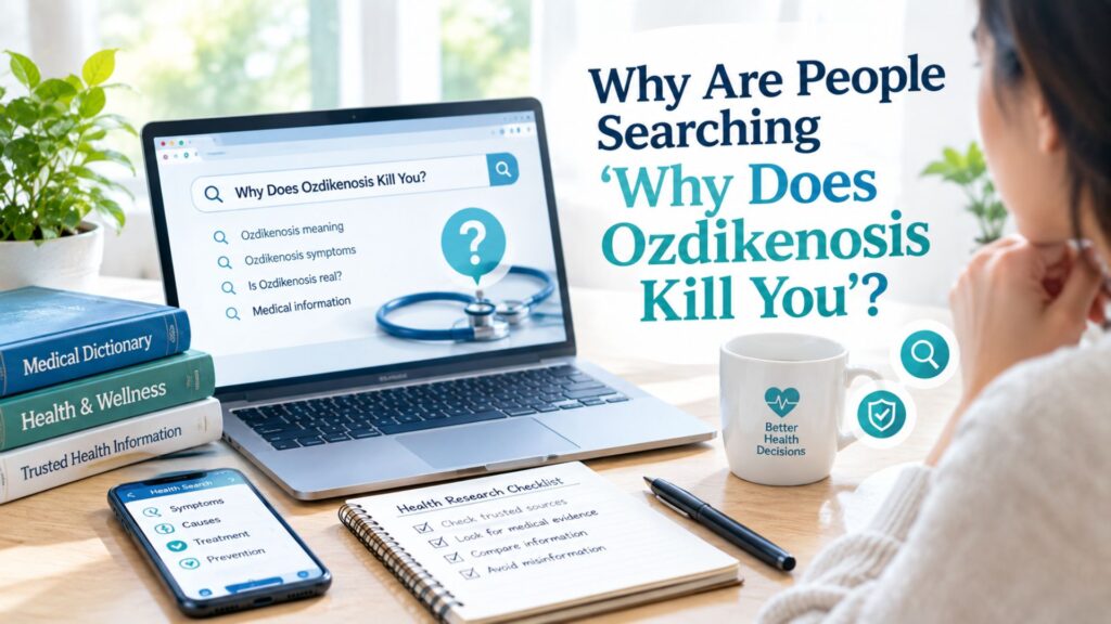 Person researching “Why Does Ozdikenosis Kill You?” on a laptop with medical references and fact-checking symbols.