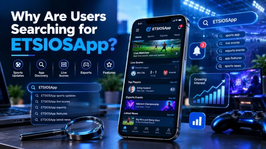 Smartphone displaying a sports and esports app with live scores, match updates, player statistics, esports events, and news, surrounded by search queries and analytics illustrating interest in ETSIOSApp.