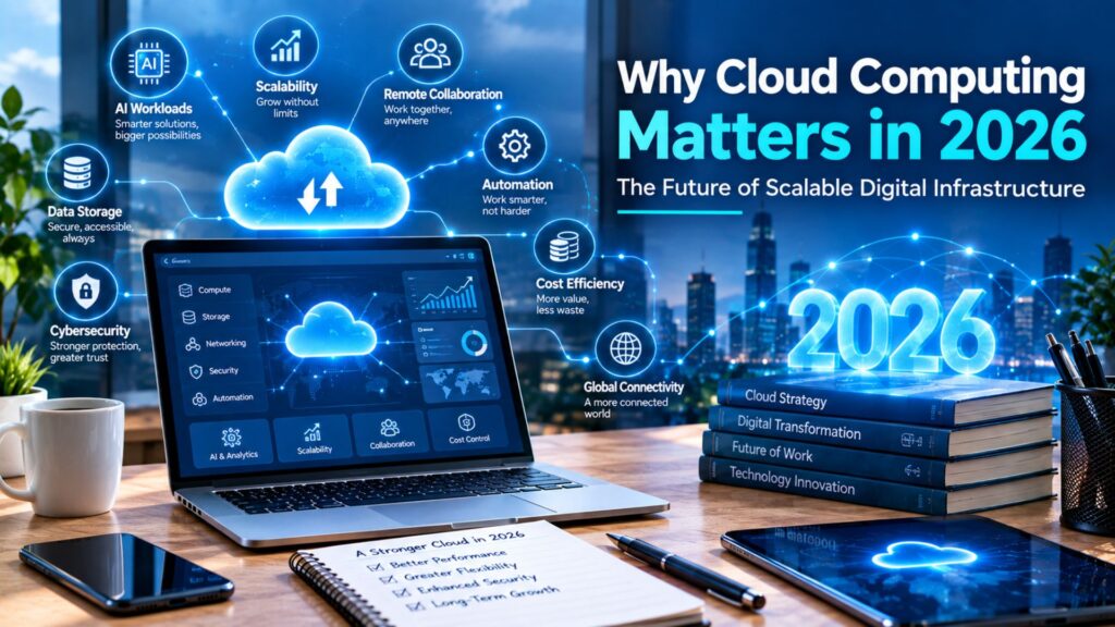 Why cloud computing matters in 2026, shown through a laptop with cloud infrastructure, AI workloads, scalability, remote collaboration, data storage, cybersecurity, automation, cost efficiency, and global connectivity graphics.