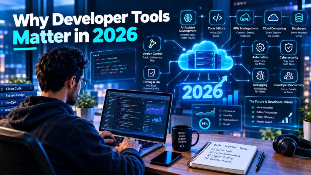 Why developer tools matter in 2026, showing AI development, coding tools, APIs, cloud computing, automation, testing, cybersecurity, and productivity