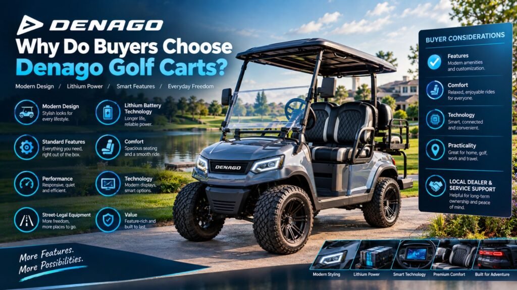 Why buyers choose Denago golf carts, featuring a modern electric golf cart with visual cues for lithium power, technology, comfort, performance, and value.