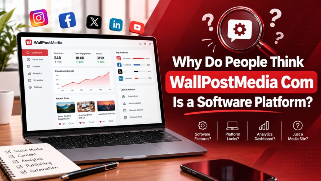 Why people think WallPostMedia Com is a software platform, shown with a laptop displaying a digital dashboard and analytics interface