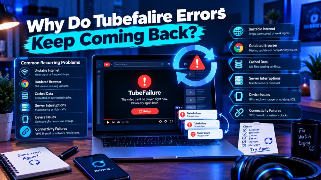 Laptop repeatedly displaying a TubeFailure error with refresh arrows, warning icons, connectivity issues, and troubleshooting indicators
