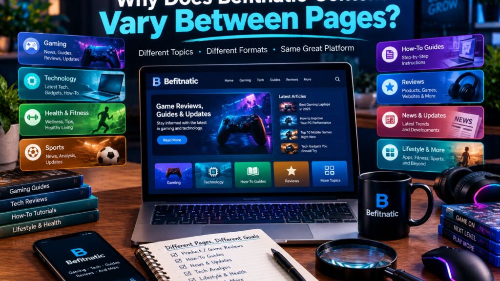 Why Does Befitnatic Content Vary Between Pages?” featured image showing a laptop with the Befitnatic website, surrounded by visual categories for gaming, technology, health and fitness, sports, how-to guides, reviews, news, and lifestyle content