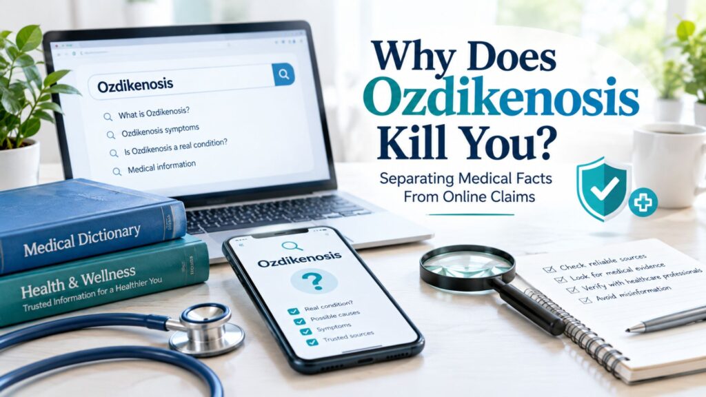 Ozdikenosis medical term displayed on a screen with health research and fact-checking symbols.