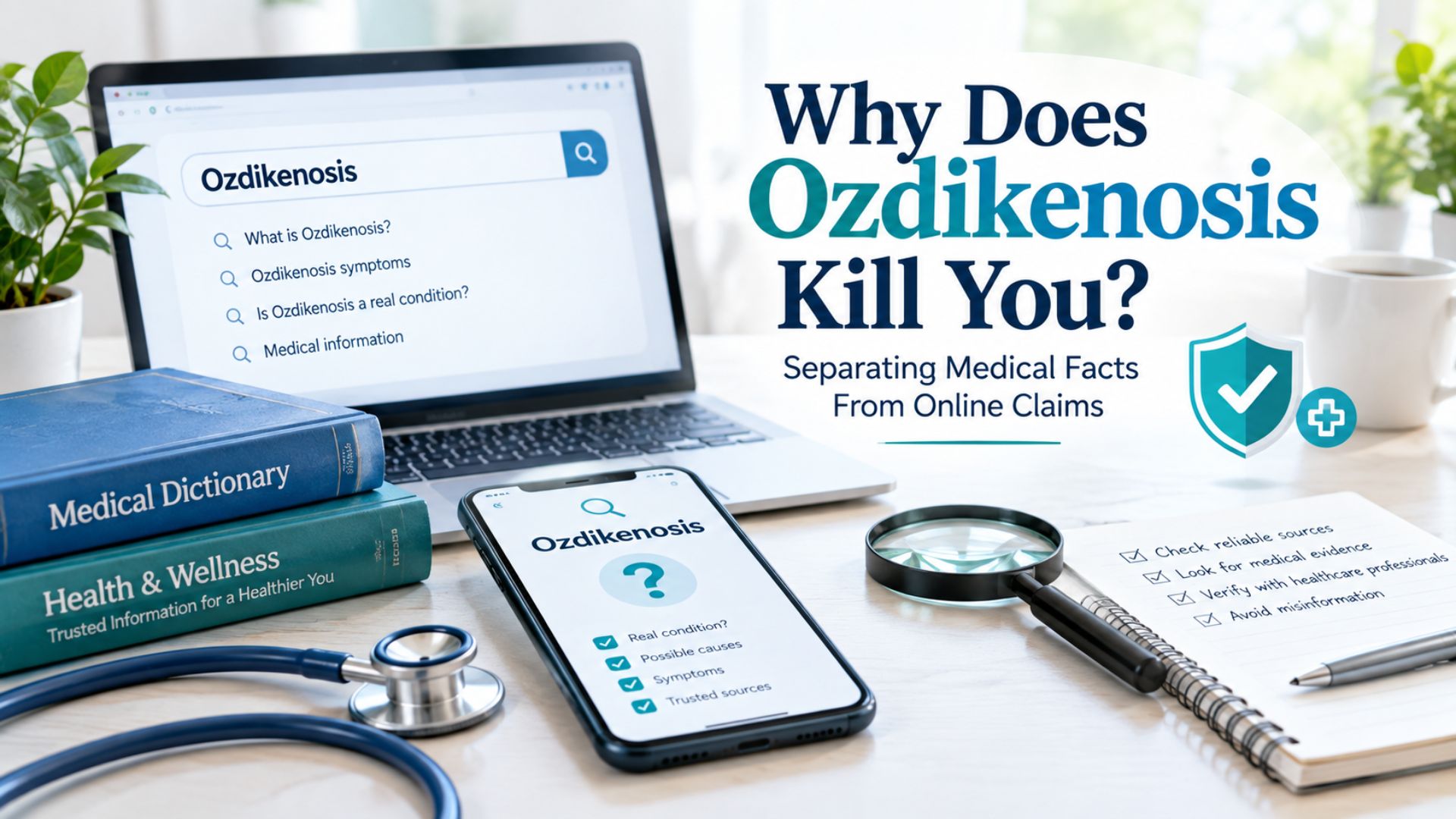 Ozdikenosis medical term displayed on a screen with health research and fact-checking symbols.
