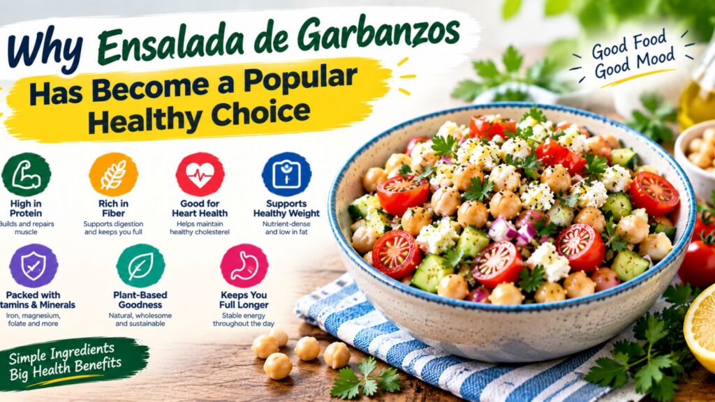 Ensalada de Garbanzos as a popular healthy choice made with protein-rich chickpeas, fresh vegetables, herbs, and a refreshing dressing