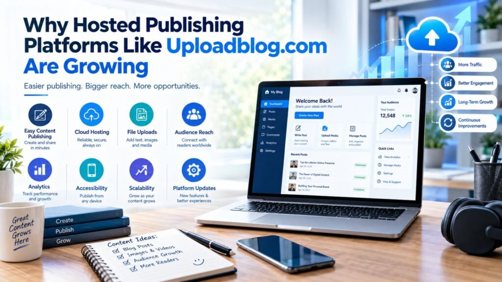 Generic hosted publishing platform dashboard showing content publishing, cloud hosting, uploads, analytics, audience growth, and platform updates.