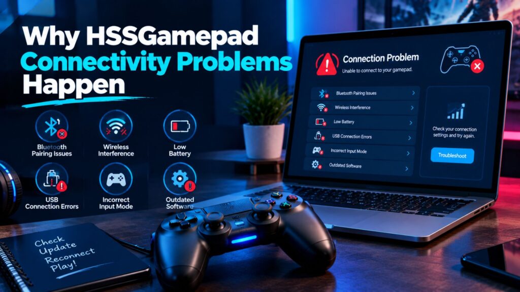 Generic game controller and laptop illustrating HSSGamepad connectivity problems caused by pairing, interference, battery, USB, and software issues