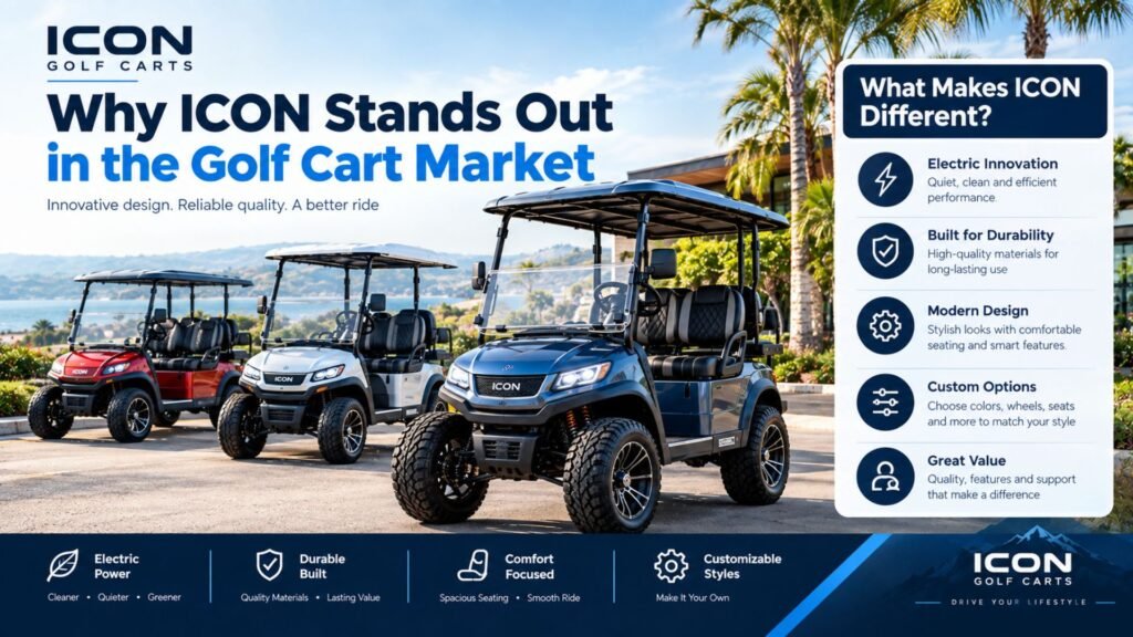 Three ICON golf carts in a premium outdoor setting illustrating modern design, electric power, durability, customization, comfort, and features that distinguish ICON in the golf cart market.