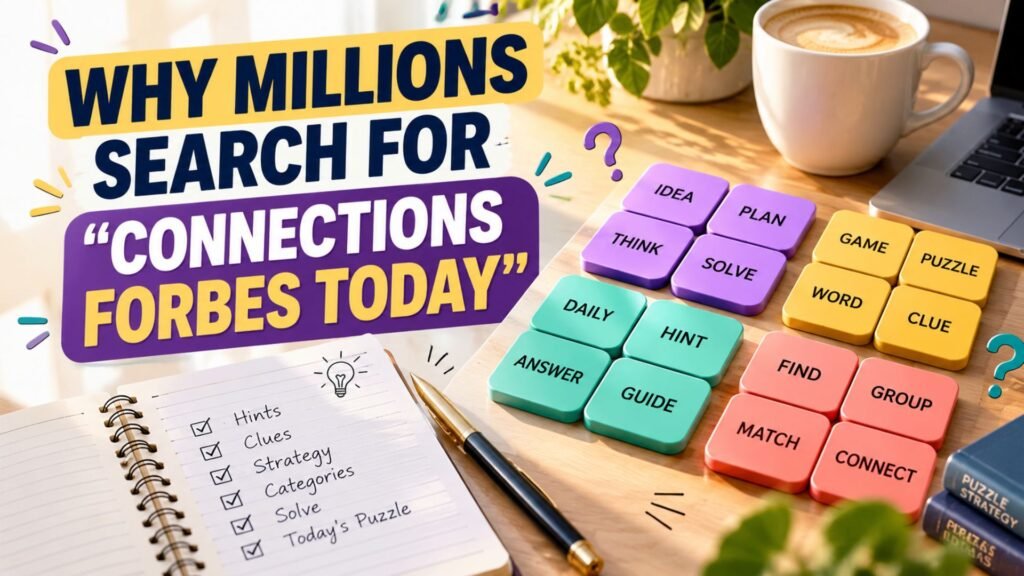 Colorful word puzzle tiles on a desk representing the popularity of searching for Connections Forbes Today and daily puzzle clues.