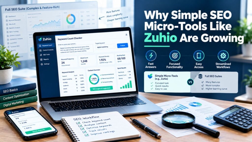 Why simple SEO micro-tools like Zuhio are growing, featuring a lightweight keyword analysis dashboard, quick SEO metrics, analytics charts, and streamlined content optimization workflow.