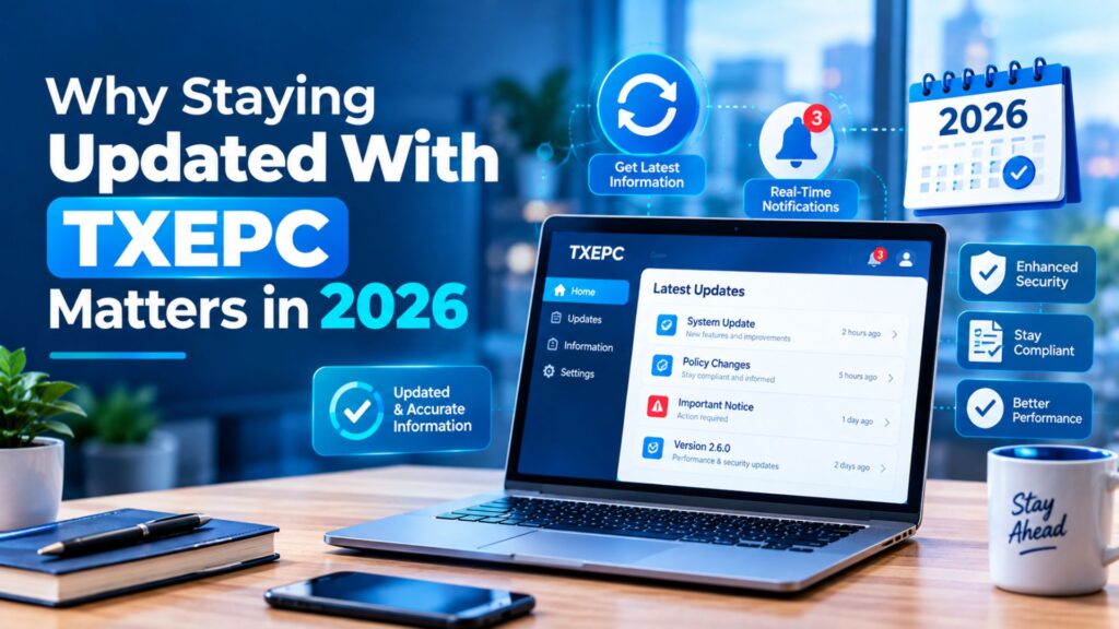 Laptop displaying a TXEPC update interface with 2026 notifications, security icons, and information update symbols