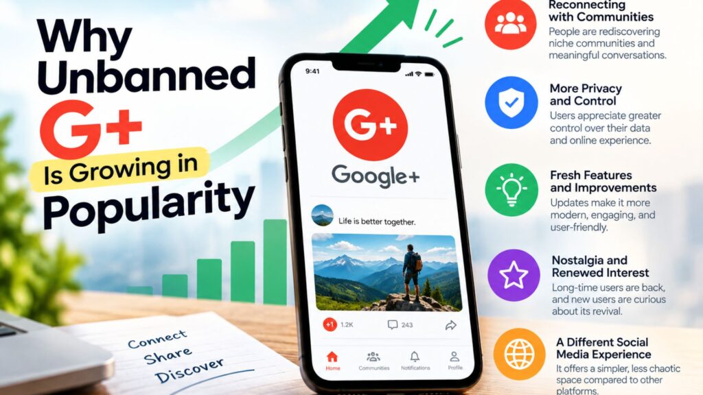 Why Unbanned G+ is growing in popularity, featuring a smartphone with a Google+ feed and visual highlights for community, privacy, new features, nostalgia, and renewed interest.