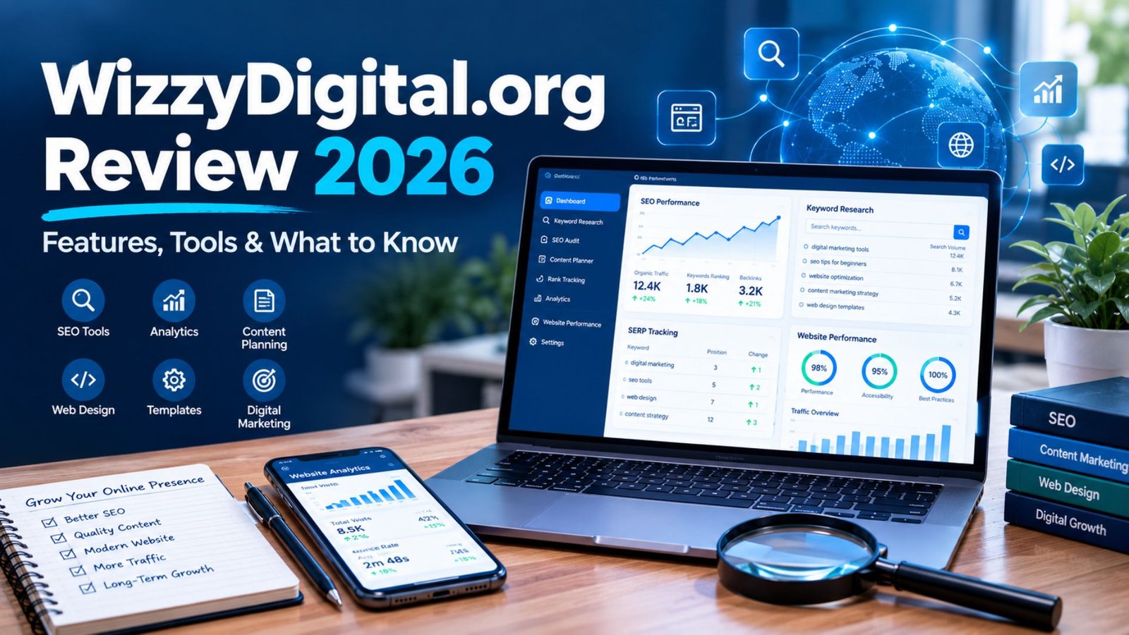 WizzyDigital.org Review 2026 with digital marketing, SEO tools, analytics, and website growth dashboard