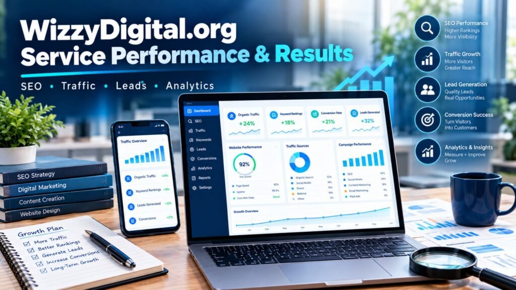 WizzyDigital.org service performance dashboard showing SEO, traffic, leads, conversions, and analytics metrics