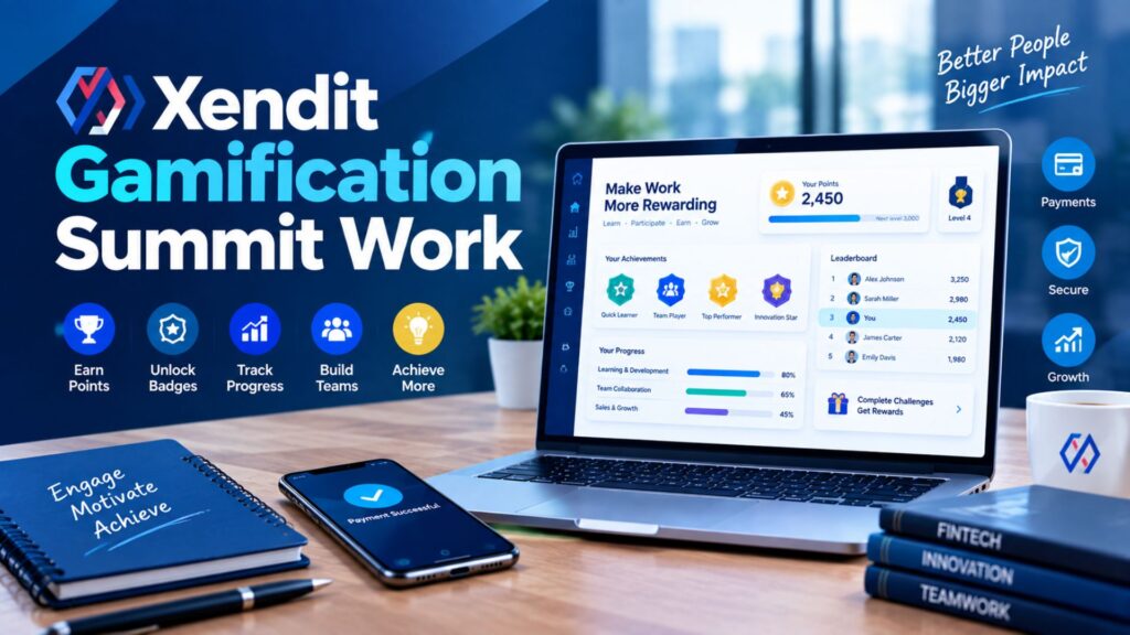 Xendit Gamification Summit Work concept featuring a fintech dashboard, gamification elements, progress badges, and workplace collaboration icons.