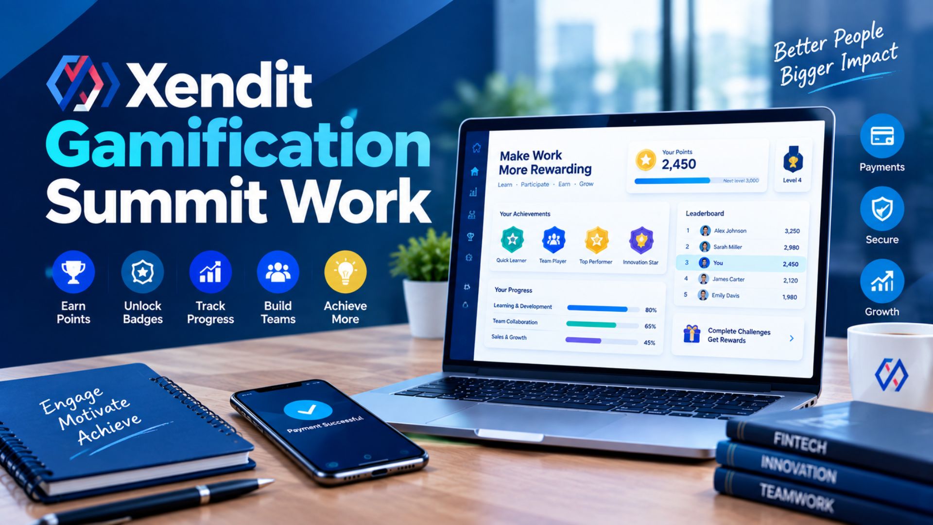 Xendit Gamification Summit Work concept featuring a fintech dashboard, gamification elements, progress badges, and workplace collaboration icons.
