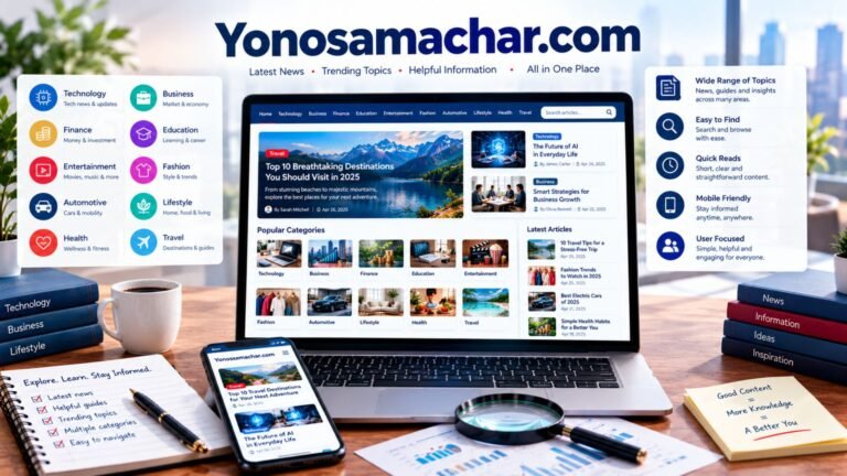 Yonosamachar com multi-topic information platform featuring technology, business, finance, education, entertainment, fashion, lifestyle, and travel content.