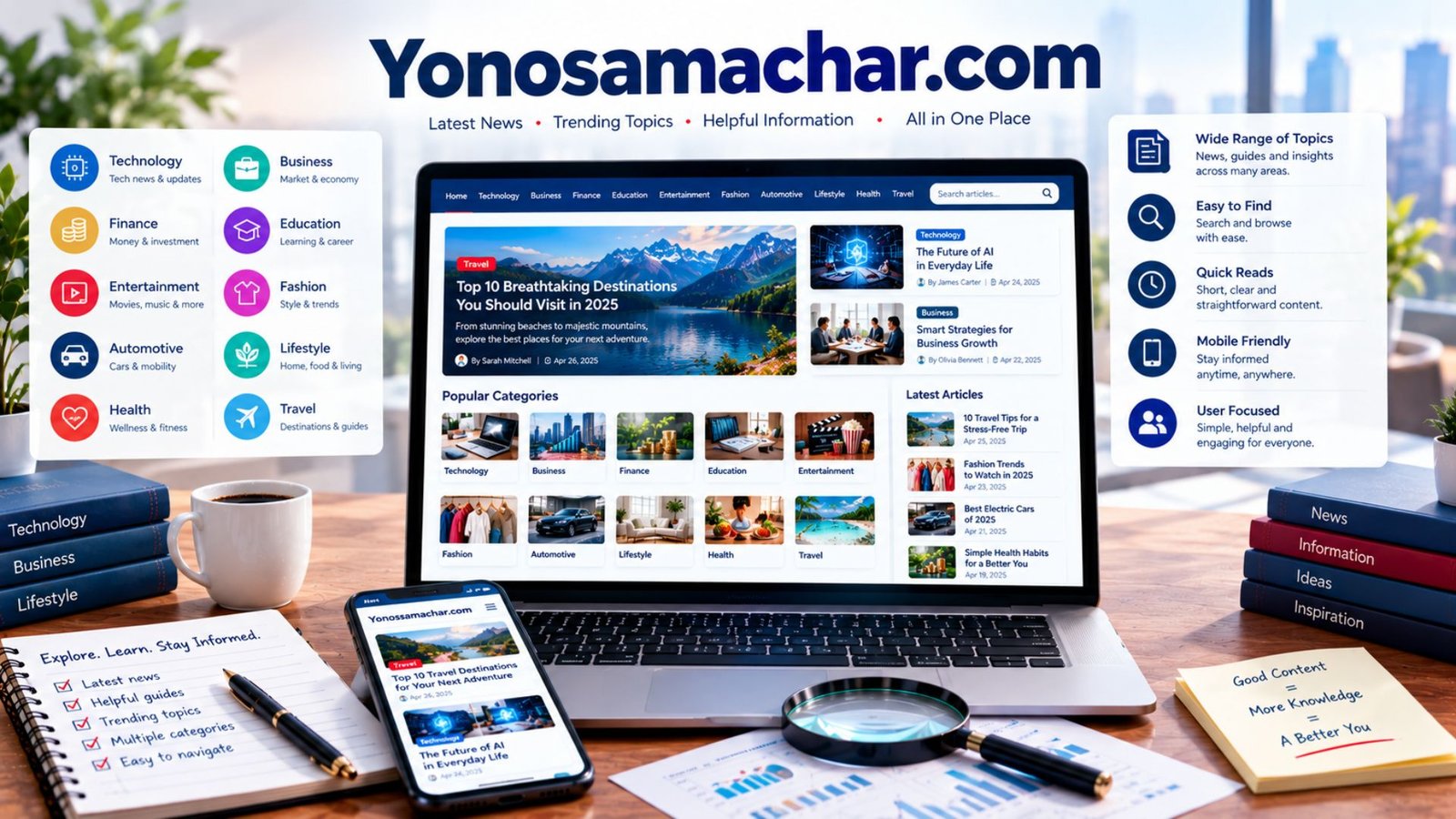 Yonosamachar com multi-topic information platform featuring technology, business, finance, education, entertainment, fashion, lifestyle, and travel content.