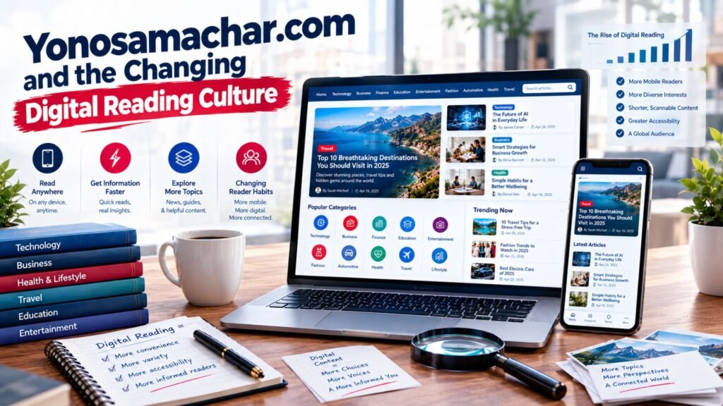 Yonosamachar.com and changing digital reading culture shown through a multi-topic publishing platform on laptop and smartphone with mobile reading, trending content, and easy information discovery.