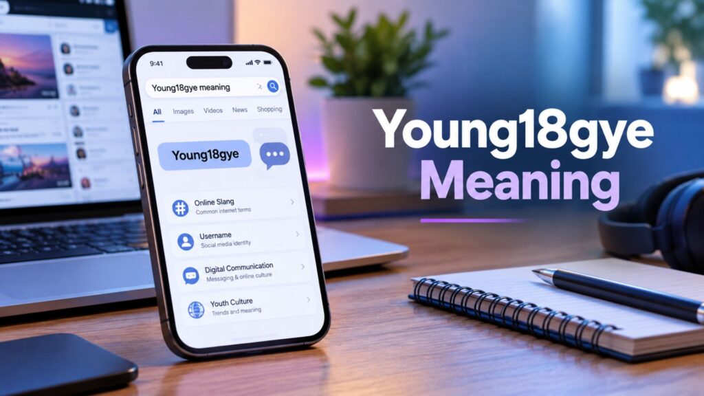 oung18gye meaning explained with a smartphone and digital interface representing online slang, usernames, youth culture, and internet communication