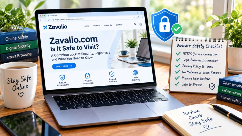 Zavalio.com website safety review showing online security, HTTPS protection, privacy, and a website safety checklist