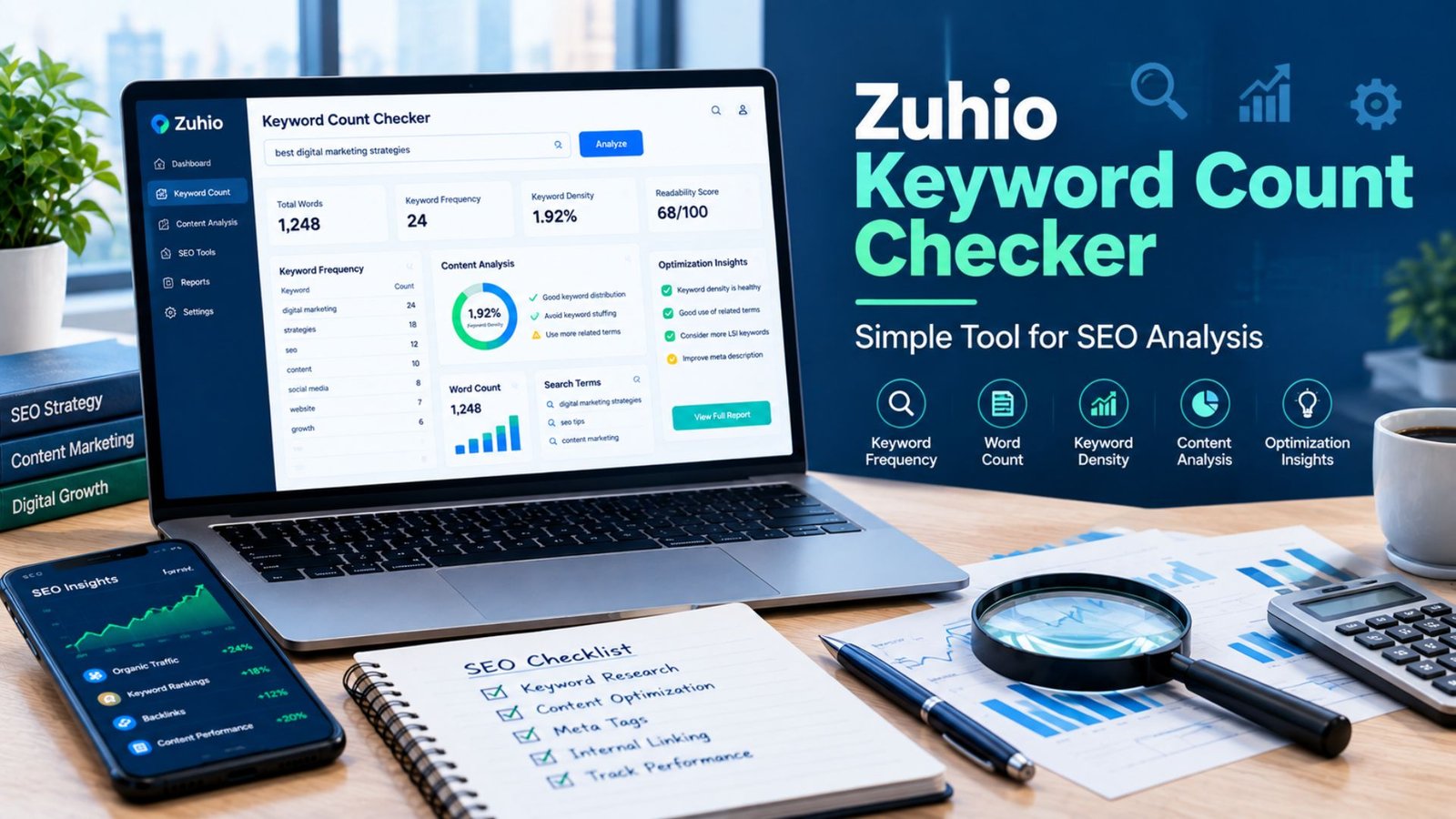 Zuhio Keyword Count Checker SEO tool showing keyword counts, keyword density, content analysis, and search optimization data on a modern dashboard.