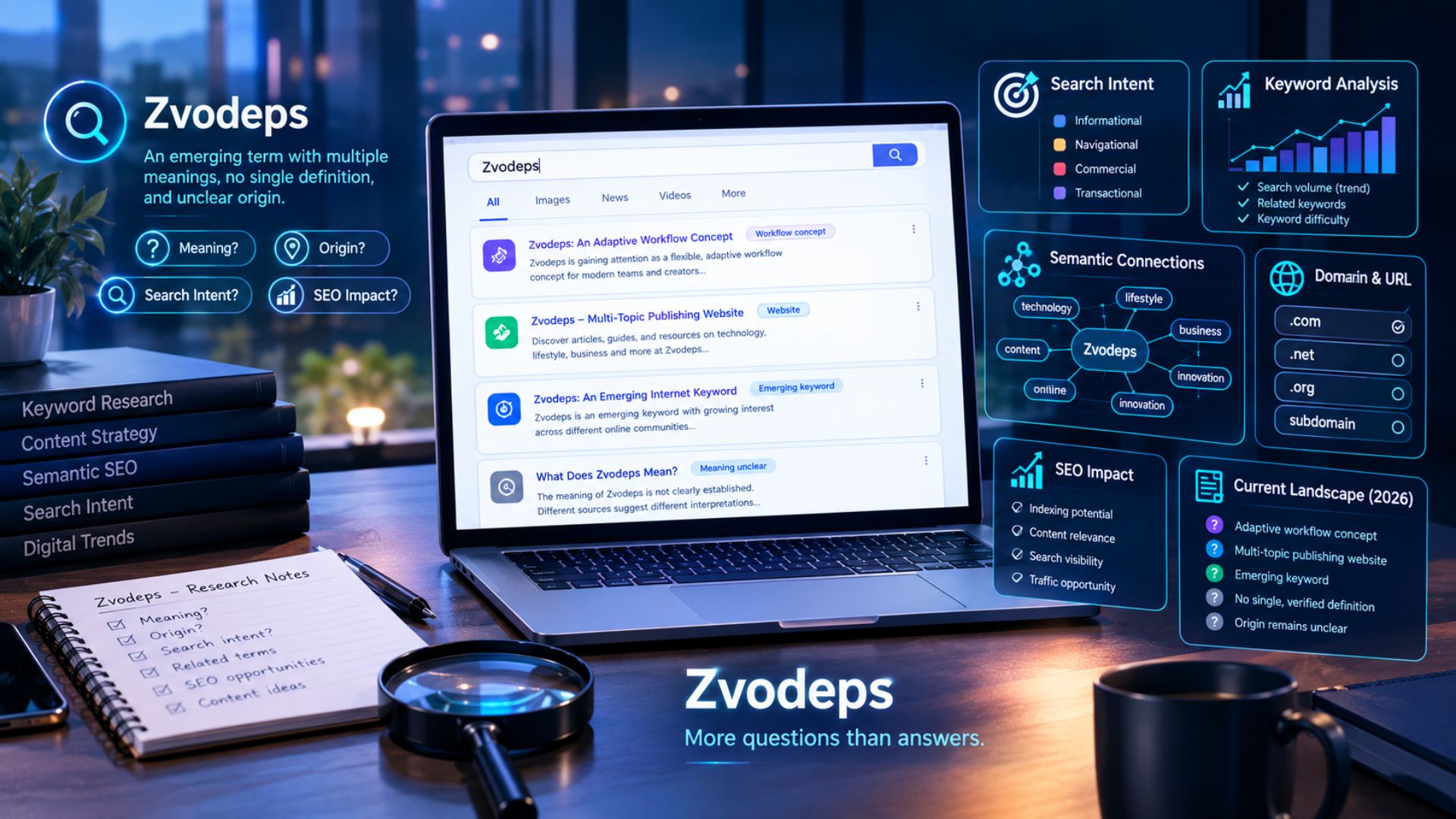 Zvodeps explained with search intent, uncertain meaning, keyword research, and SEO impact visualized on a digital workspace.