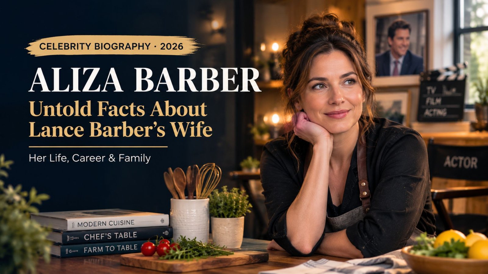 Aliza Barber biography featured image about Lance Barber's wife, highlighting her reported culinary career and private life in an elegant cinematic editorial setting.