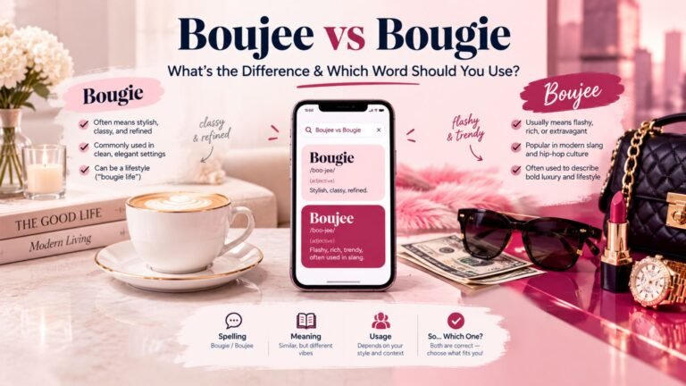 Boujee vs Bougie comparison showing the difference in spelling, meaning, usage, and modern slang context.