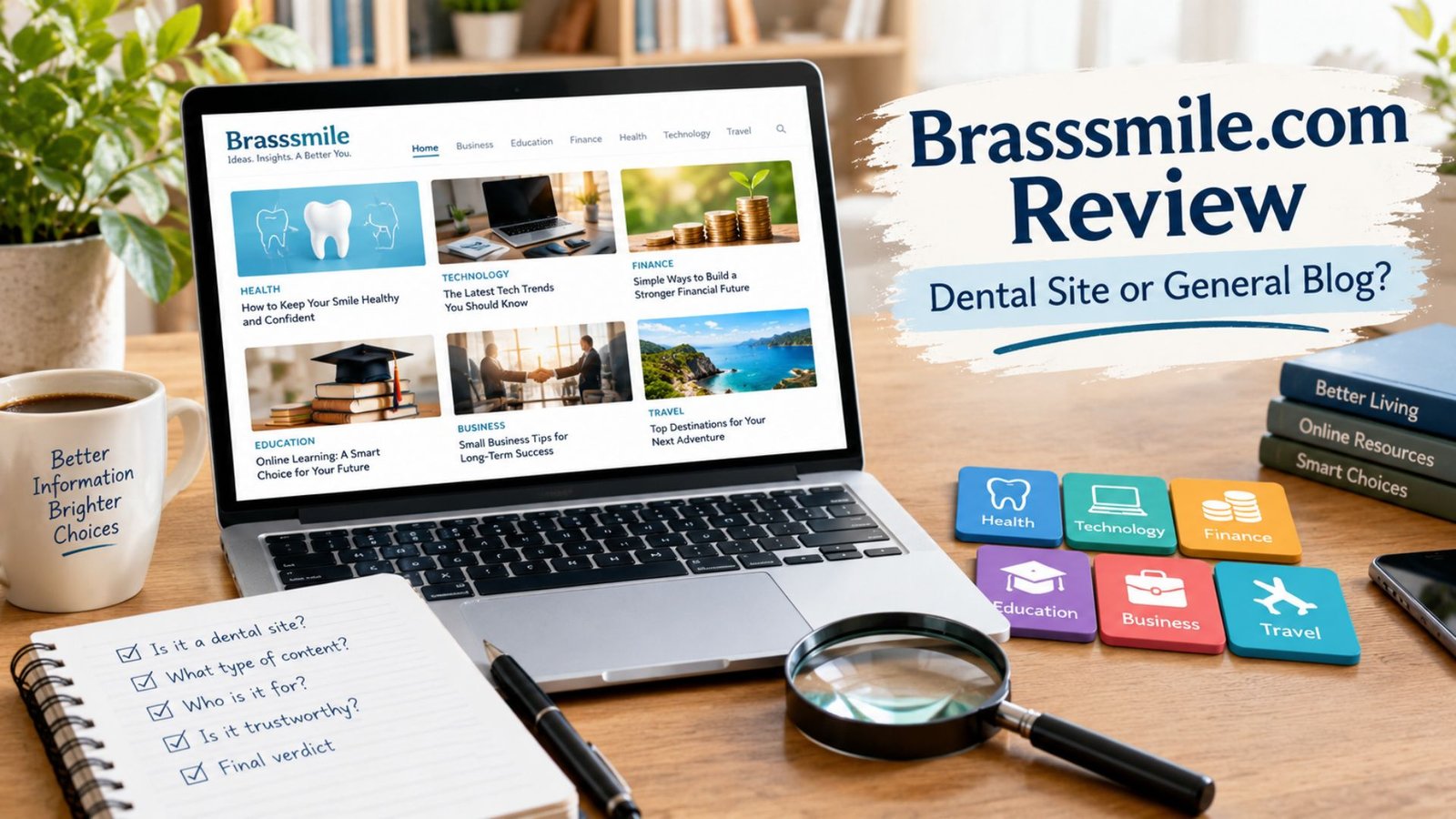 Brasssmile.com review showing a general multi-topic blog with health, finance, technology, education, and dental content